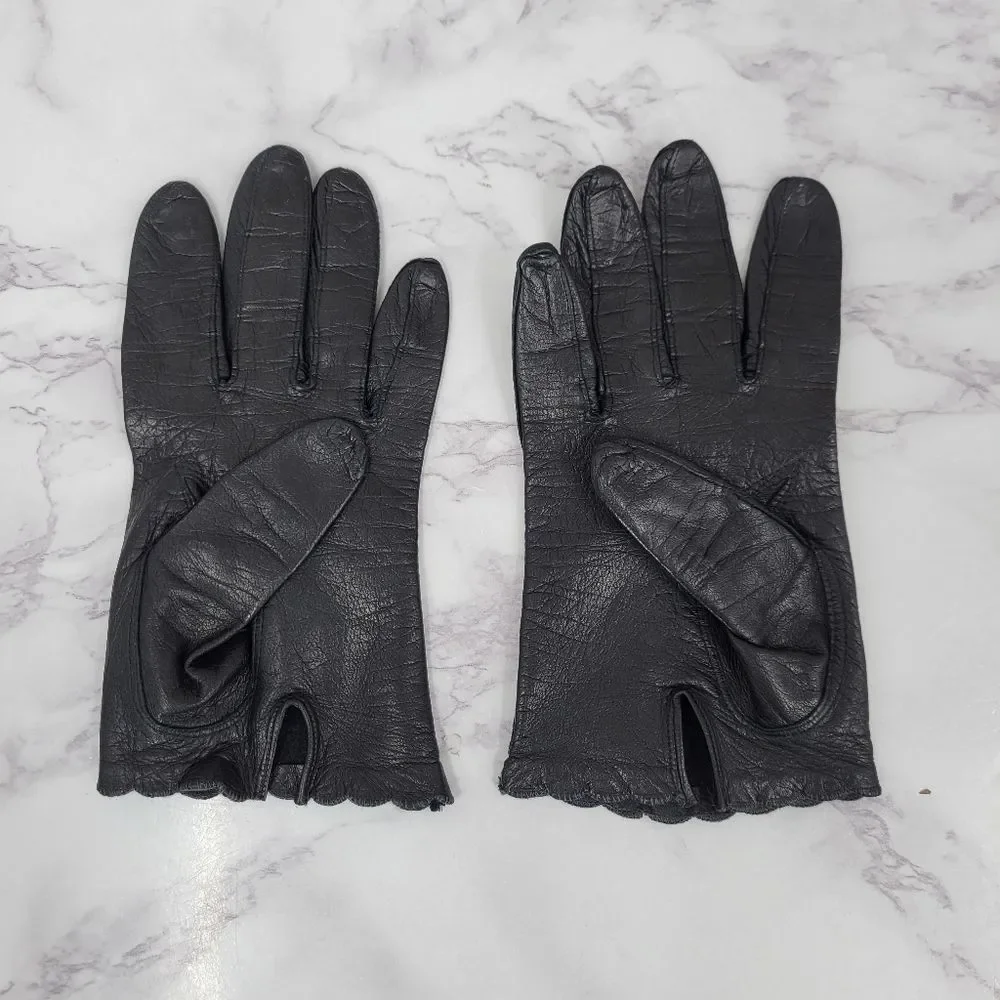 Vintage Italian Short Black Leather Gloves with Scalloped Cuff Dress Driving